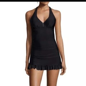 SPANX Assets by Sara Blakely Black Ruffle Halter Swim Dress